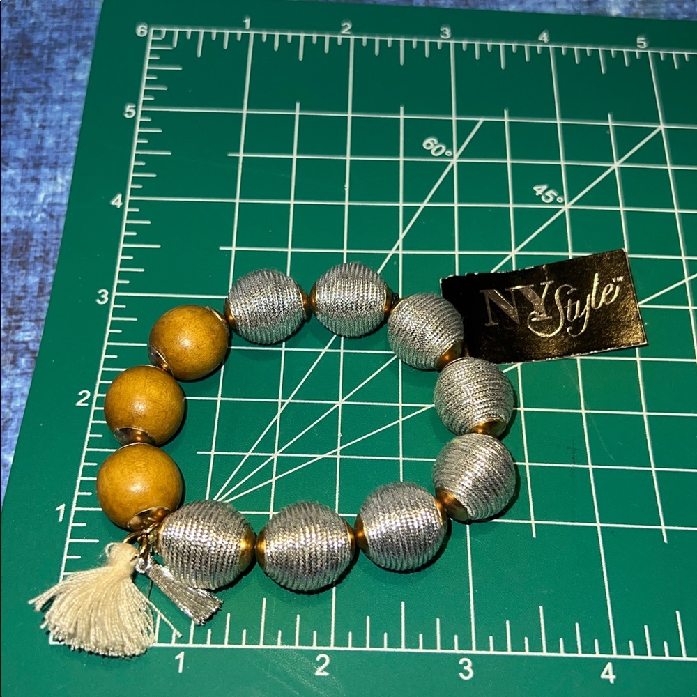 NY Style Stretch Bracelet Metallic Silver Thread Wrapped Beads & Wood / Tassels